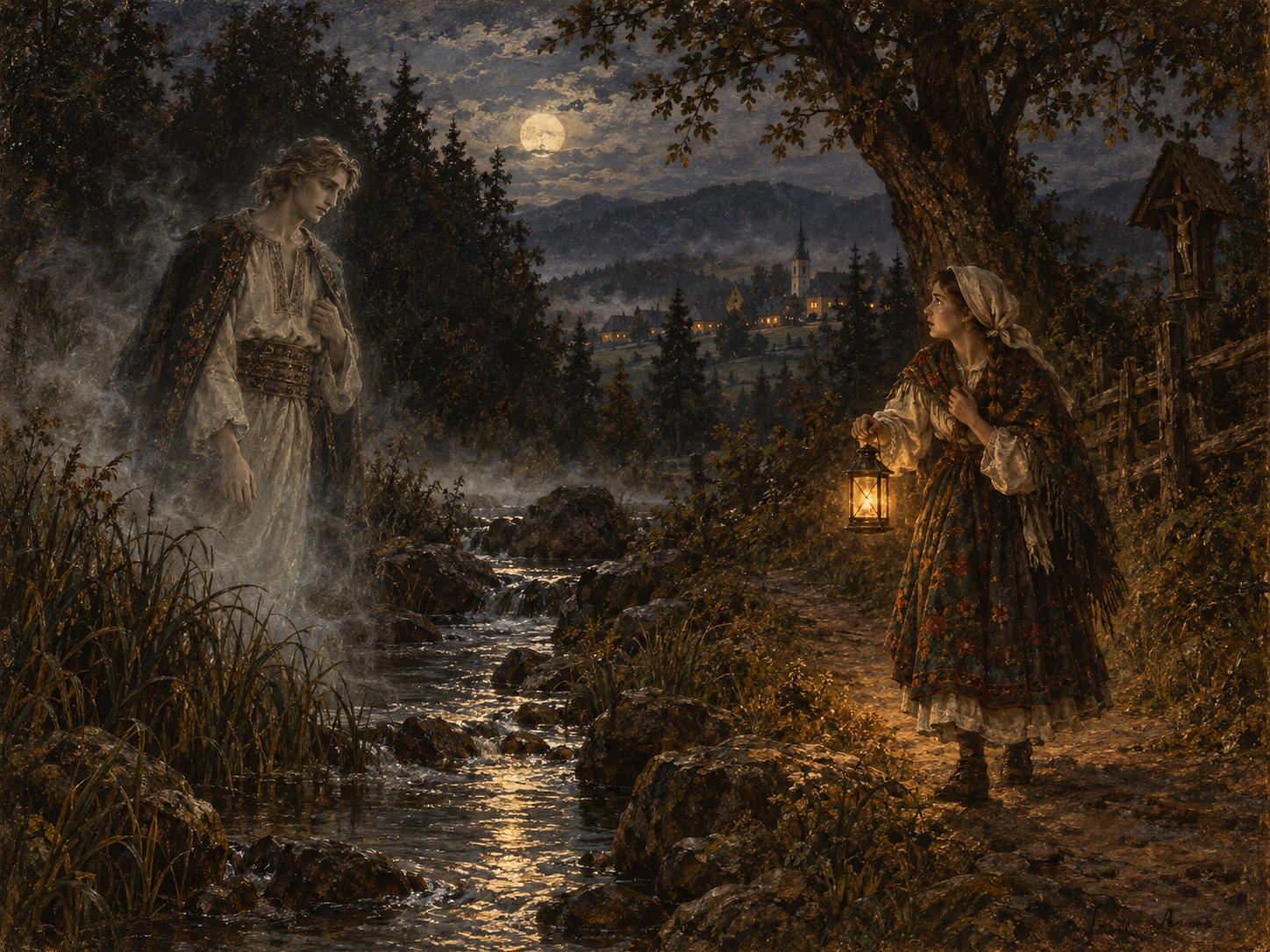 Ilustracja do legendy XII: Duch parobka. Łopuszna–Harklowa · nocne spotkanie przy potoku