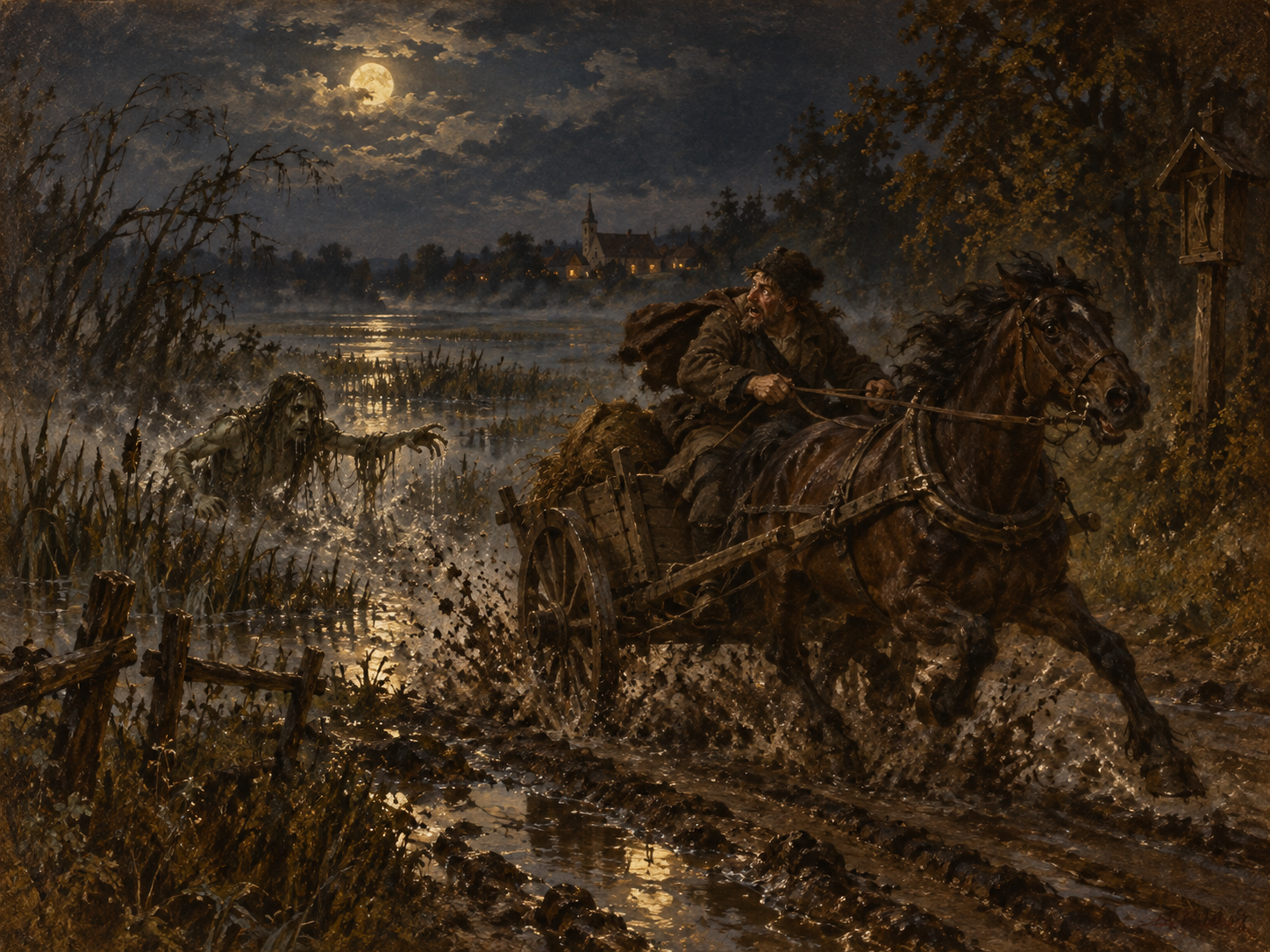 Ilustracja do legendy XIII: Topielec z Ostrowska. Ostrowsko · nocny pościg na drodze do Czorsztyna