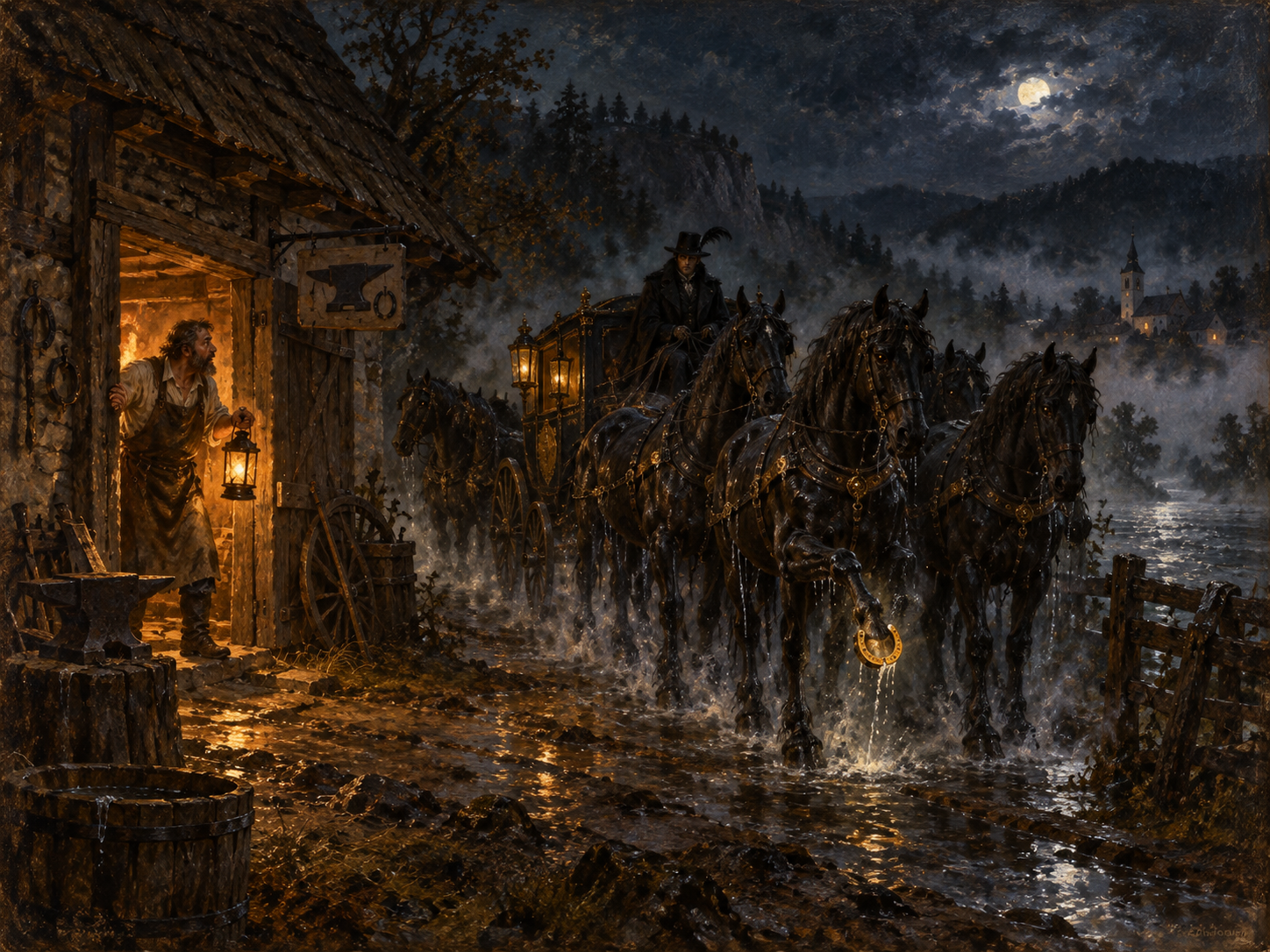 Ilustracja do legendy XV: Powóz z Dunajca. Harklowa · nocny klient kowala i powóz znad Dunajca