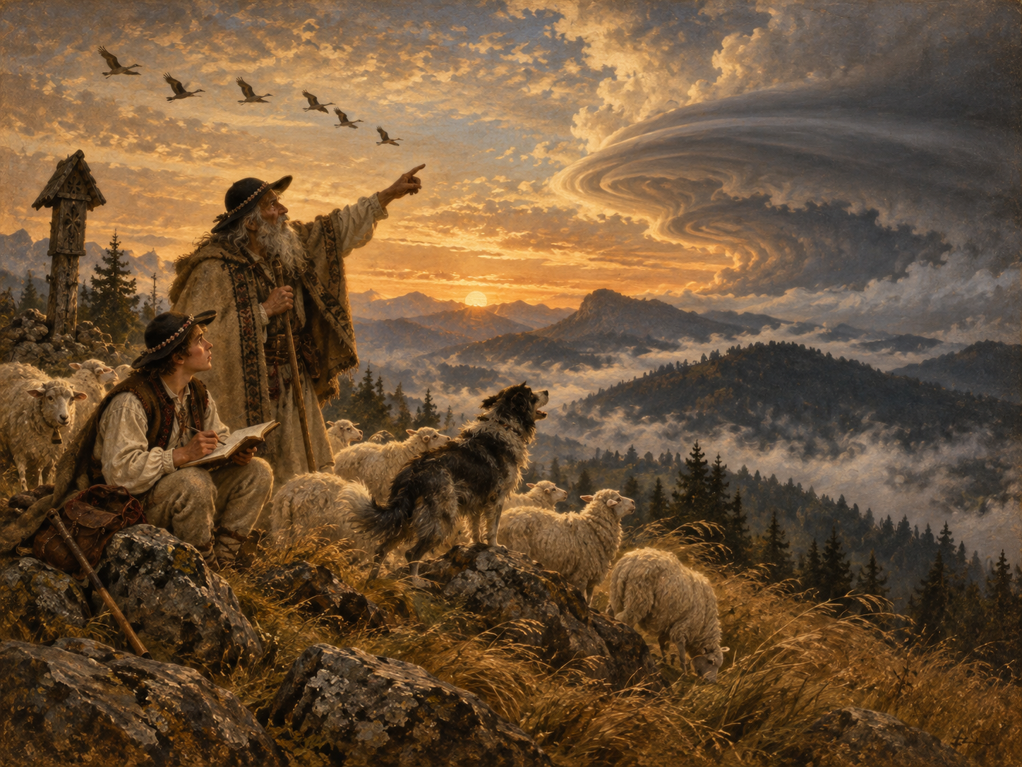 Ilustracja do legendy XVI: Znaki nad górami. Gorce · śledztwo prowadzone po chmurach, zwierzętach i wietrze