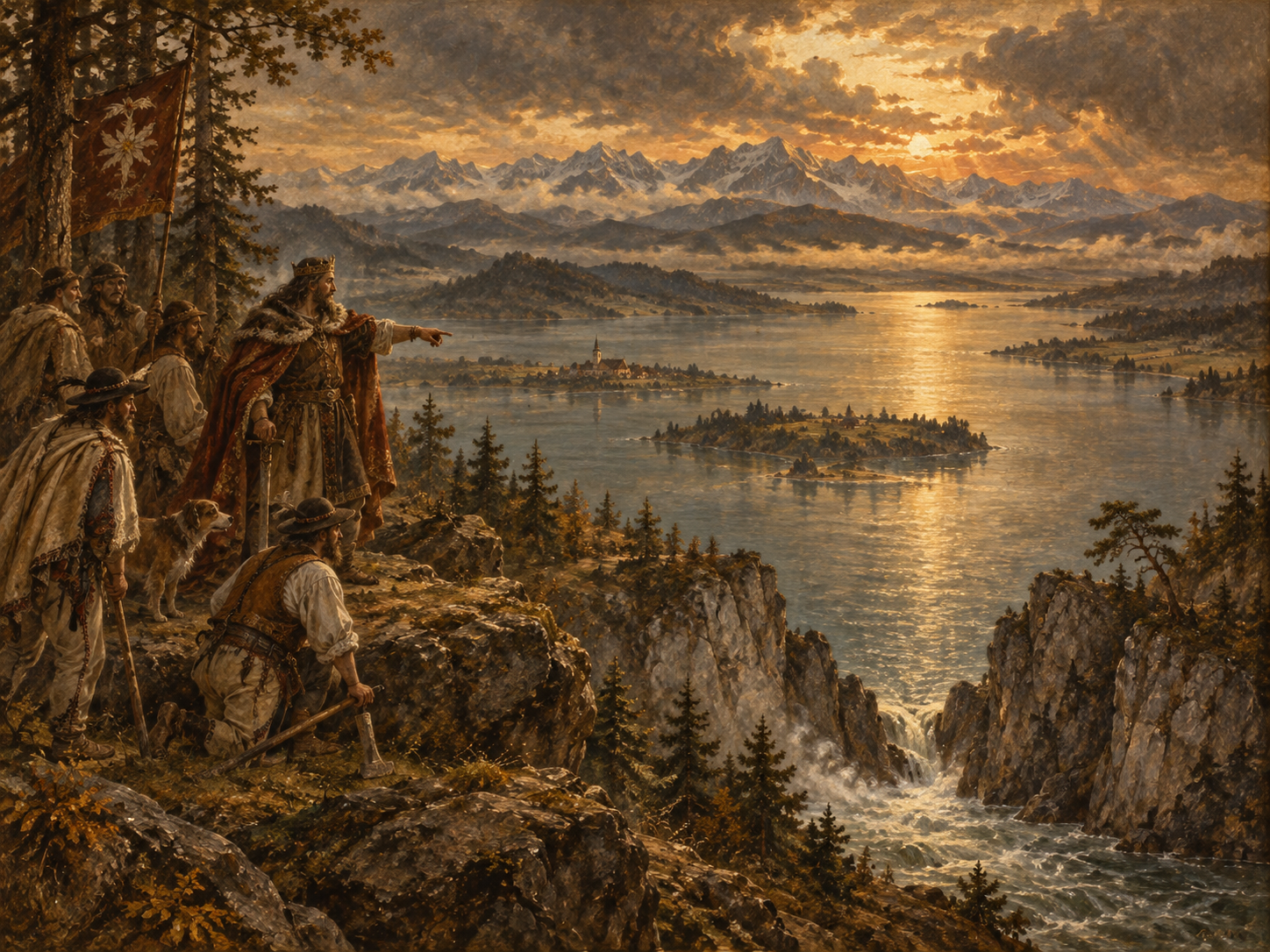 Ilustracja do legendy XVII: Morze Karpackie. Kotlina Nowotarska · wielka woda i skalna brama