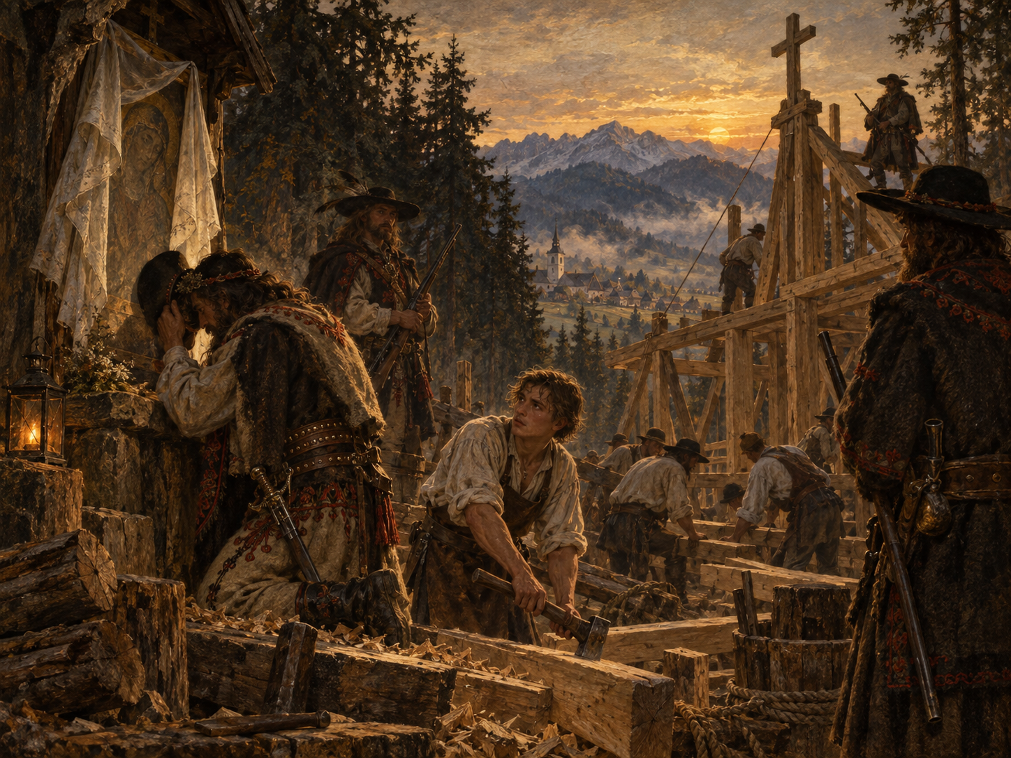 Ilustracja do legendy XIX: Kościół zbójników. Nowy Targ · budowa pod strażą zbójników