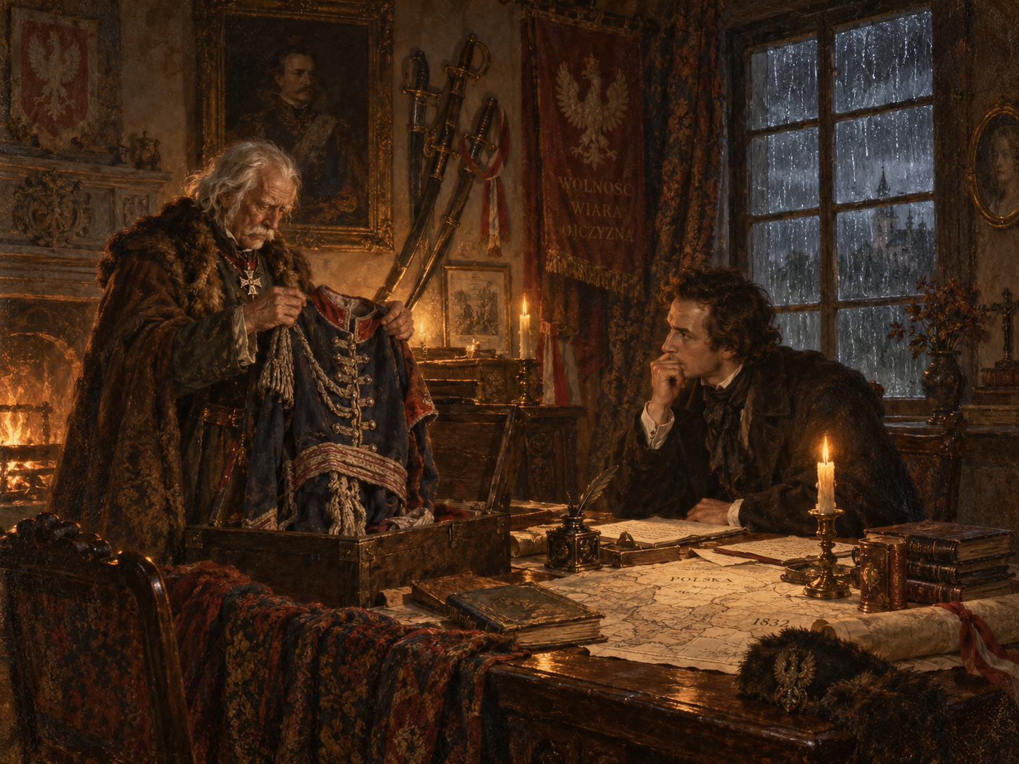 Ilustracja do legendy XX: Ostatni konfederat. Dwór w Łopusznej · przesłuchanie świadka, który pamięta inną Polskę