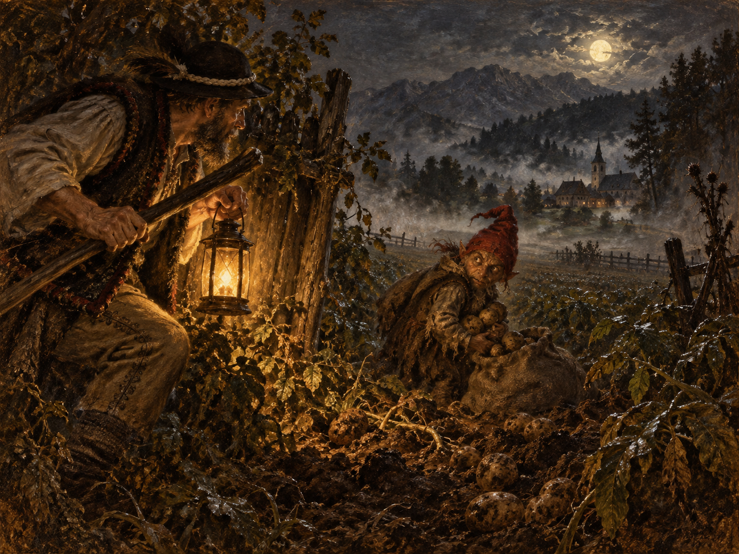 Ilustracja do legendy IV: Czerwona czapeczka. Łopuszna · nocna zasadzka na złodzieja bez śladów