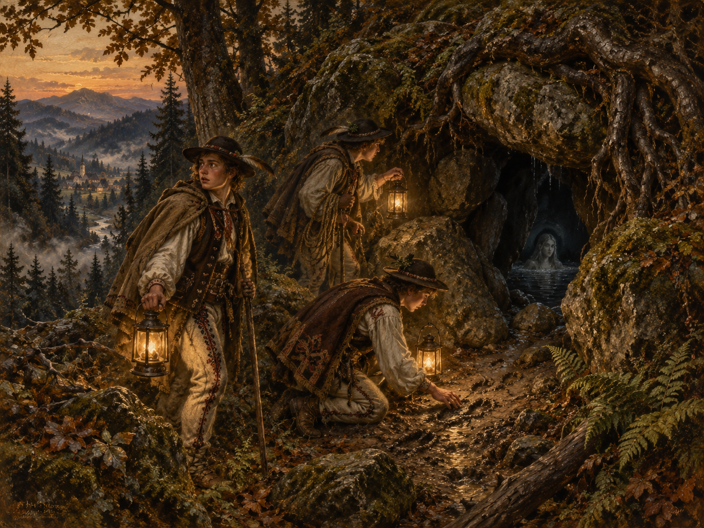 Ilustracja do legendy V: Pieczara pod Małą Górą. Mała Góra nad Łopuszanką · wyprawa pod ziemię