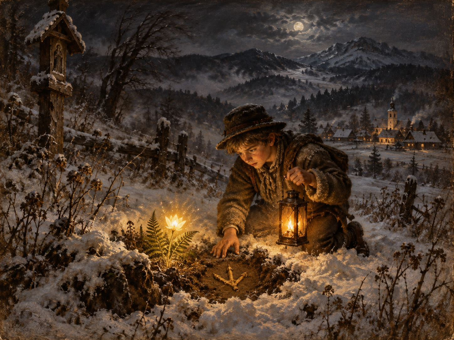 Ilustracja do legendy VI: Skarb na kurzą stopę. Pola Łopusznej · nocny pościg za kwiatem i skarbem