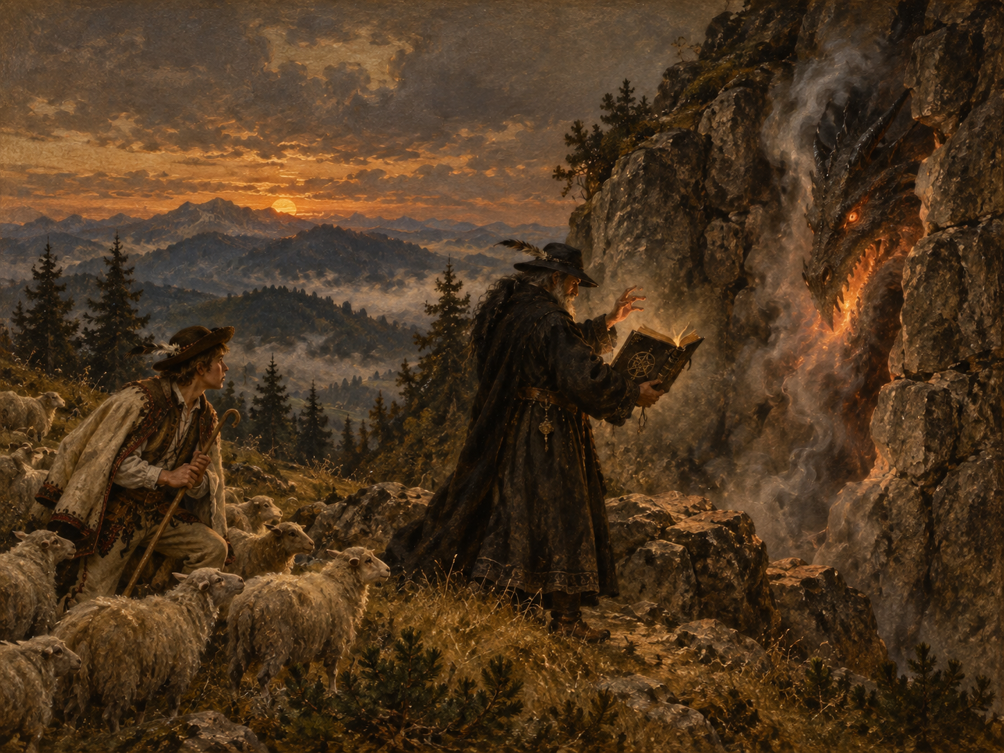 Ilustracja do legendy VII: Smok z czarnoksięskiej księgi. Gorce · obcy z czarną księgą i głos ze skały