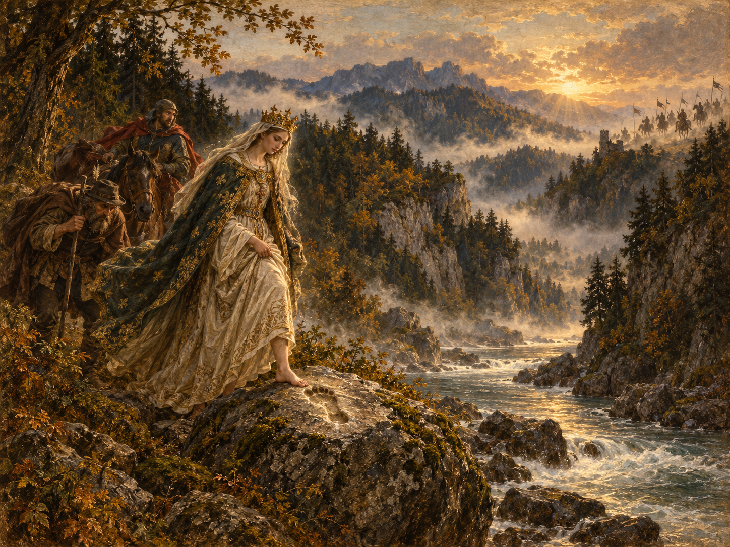 Ilustracja do legendy IX: Kamień Świętej Kingi. Łopuszna nad Dunajcem · pościg, modlitwa i ślad w kamieniu